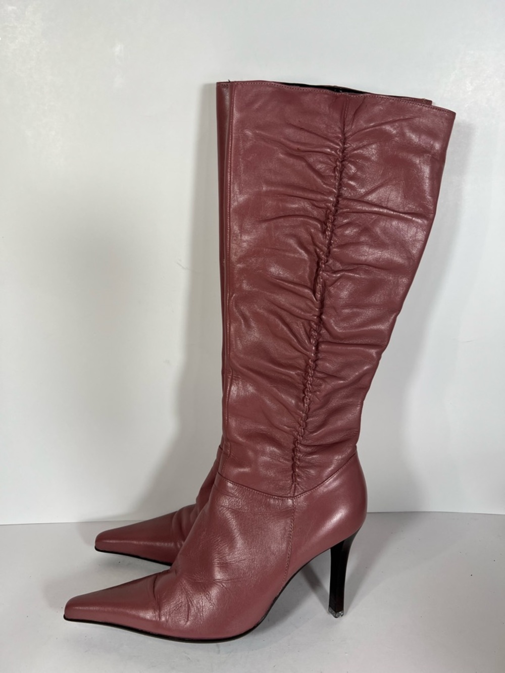 Carlos Santana Cue Dusty Rose Leather Ruched Knee High Stiletto Boots 6.5M Y2K